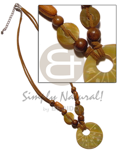 40mm round MOP pendant in 2 layer wax cord  wood beads & shell accent - Womens Necklace