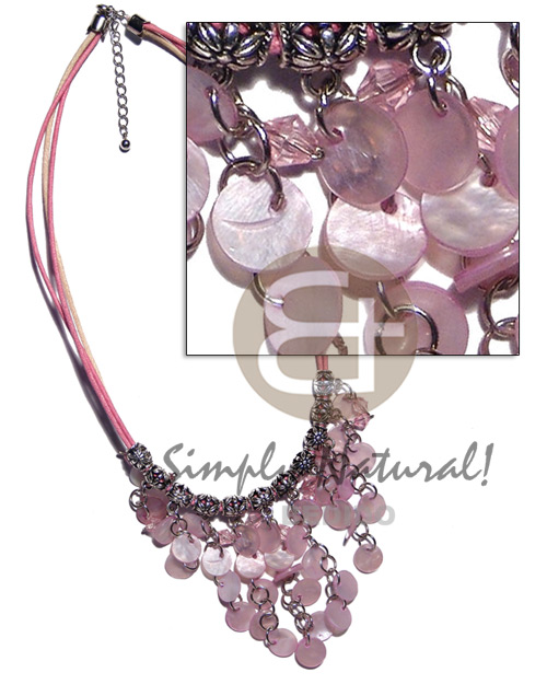 cleopatra- dangling 10mm ( 36pcs.) pink hammershell  metal & acrylic crystals accentaccent in triple pink/creme  wax cord - Womens Necklace