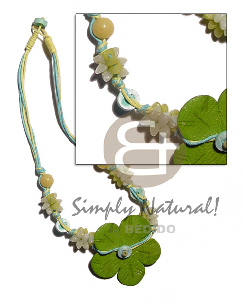 light yelloblue 3 layer wax cord  buri seeds, shell & white rose beads combination  green leather flower accent - Womens Necklace