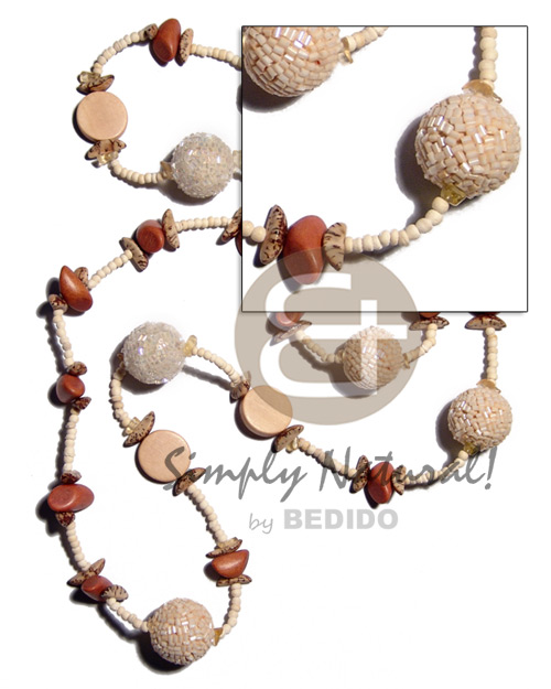 2-3mm coco Pokalet. bleach  wood beads  round wrapped in cut beads wood beads in crme tones, buri seeds & asstd. wood beads combination / 40in - Womens Necklace