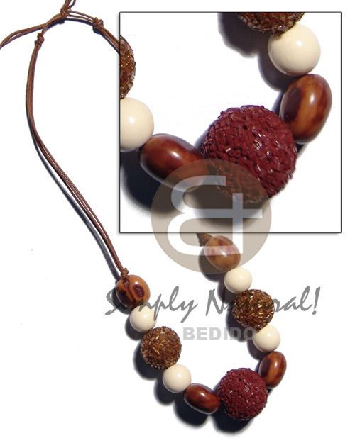 15mm buffed white wood beads  rubber seed and 20mm/25mm wrapped in cut glass wood beads combination in double wax cord / 35in adjustable - Womens Necklace