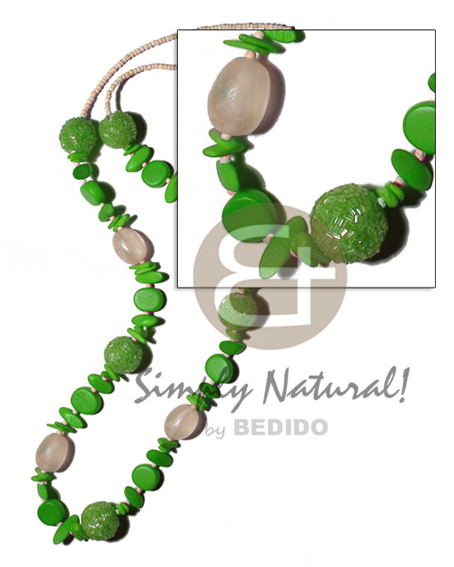 2-3mm bleach coco Pokalet 25mm wrapped wood beads in cut glass beads  resin, asstd. wood beads combination in lime green tones / 38 in - Womens Necklace