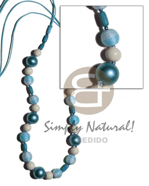 12mm wrapped wood beads w 15mm  round, 10mm buffed bleached and ricebeads wood beads combination in double  golden wax cord/ light blue tones / 36 in adjustable - Womens Necklace