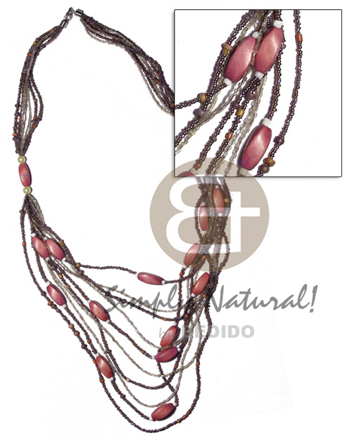 5 rows  graduated multilayered  glass beads   twisted wood beads / old rose tones / 32 in - Womens Necklace