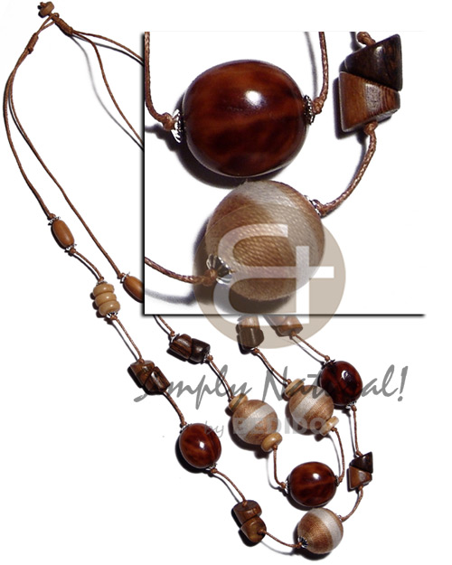 2 layers wax cord  wood beads, rubber seed , wrapped wood beads and coco Pokalet. nat. accent. - Womens Necklace