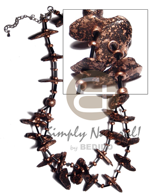 graduated 2 layers 4-5mm coco Pokalet & cut beads  black coco chips  bronze metallic splashing / - Womens Necklace