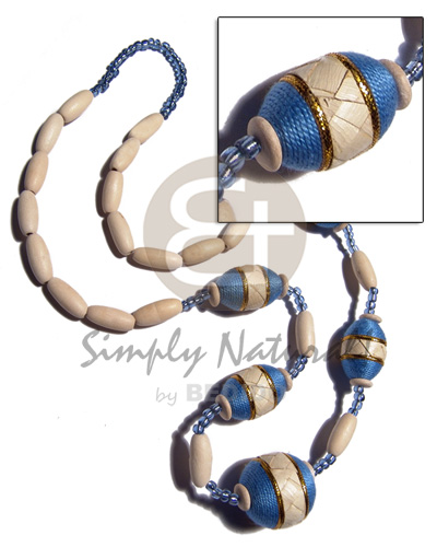 nat. white wood capsules  oval wood beads 25x18mm wraped in thread and banig combination / light blue and gold tones / 28in - Womens Necklace