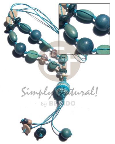 asstd wood beads in 2 rows wax cord  20mm wrapped wood bead and 2.5 in. tassles / aquamarine tones - Womens Necklace