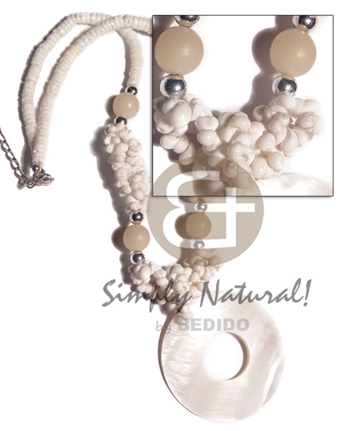 4-5mm white clam heishe  buri beads and white mongo shells combination and 50mm kabibe ring (23mm inner hole) / 18in / ext. chain - Womens Necklace