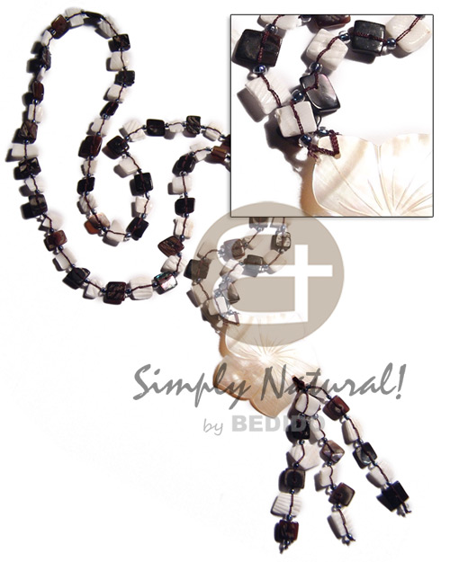 black and white tassled floating white rose shells  45mm flower kabibe shell / 30in plus 2.5in tassles - Womens Necklace