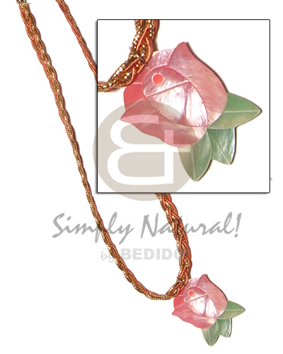 braided gold cord  inlaid pink hammershell rose - Womens Necklace