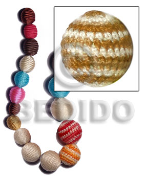 20mm natural white round wood beads wrapped in golden brown/white crochet / price per piece - Wood Beads