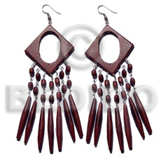 dangling 35mm diamond reddish brown nat. wood  27mmx18mm inner hole and dangling 35mm 5pcs. football wood sticks /  clear matte coat finish - Wood Earrings