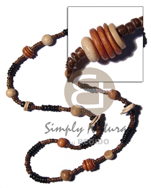 "kalandrakas"- asstd. wood beads per necklace when ordered in 4-5mm coco pokalet nat. brown/7-8mm coco Pokalet black combination neckline / 36 in - Wood Necklace