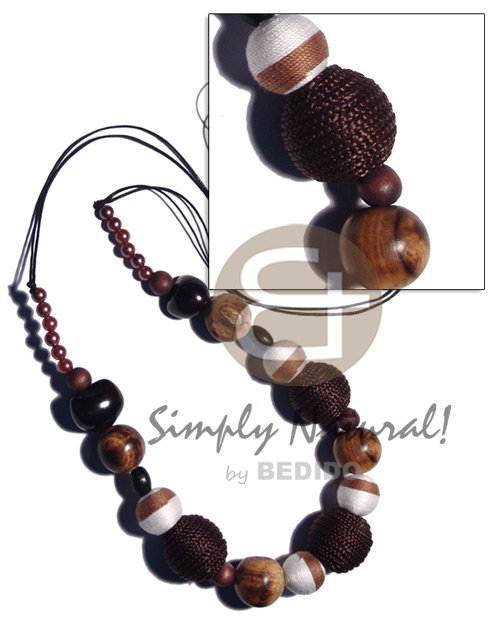 48 in. wax cord  kukui, robles round wood beads & wrapped wood beads in brown tones - Wood Necklace