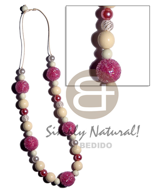 20mm wrapped wood beads in pink cut glass beads  15mm /10mm buffed bleached wood beads , pearl combination in wax cord / 28 in - Wood Necklace