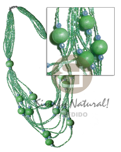 5 rows  graduated multilayered light glass beads  20mm round wood beads/pearl accent / light green tones / 32 in - Wood Necklace