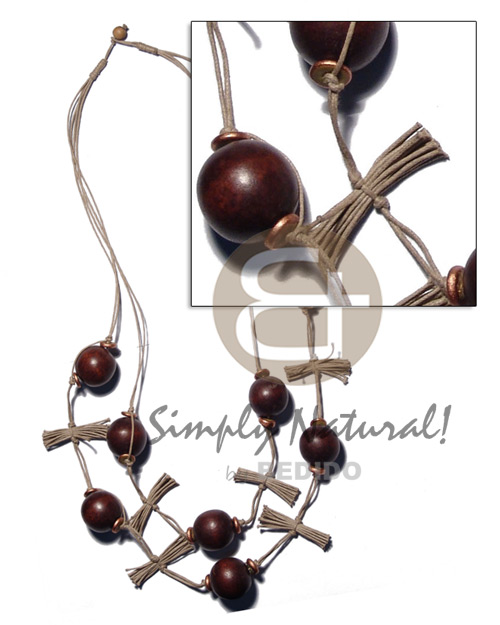 25mm brown round wood beads in 2 layer beige wax cord  cut and tied beige wax cord accent / 36 in - Wood Necklace