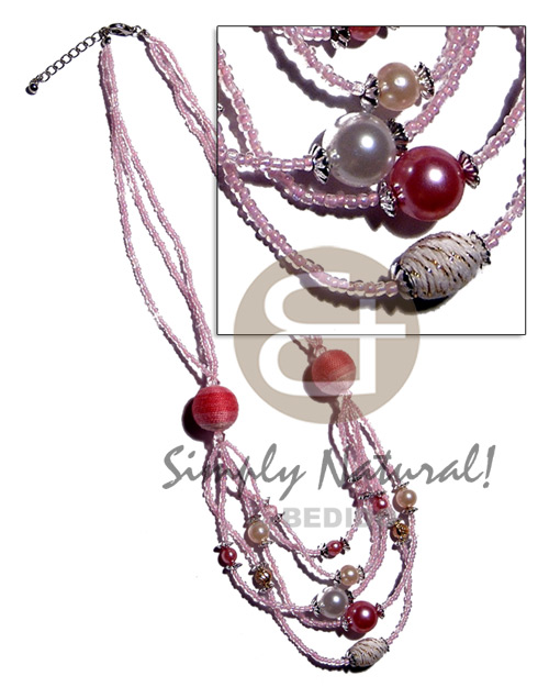 5 rows graduated multilayered light pink beads   wrapped and buffed bleached wood beads/pearl accent / 32 in - Wood Necklace