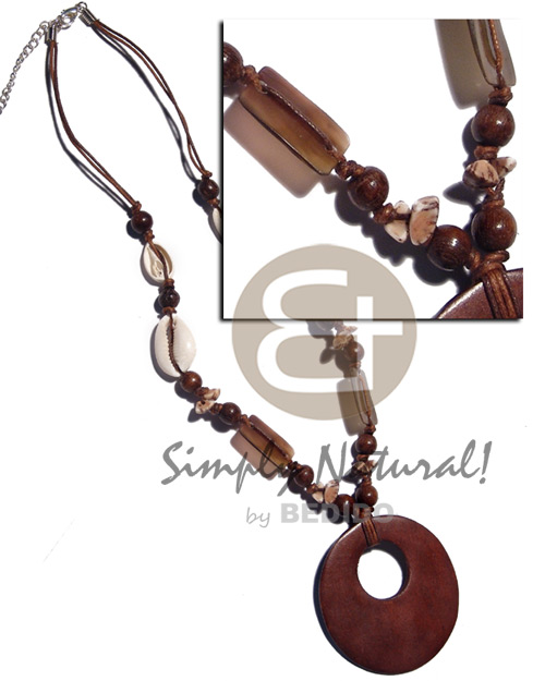 sigay,wood beads, 15mmx20mm rectangular black tab, buri in double wax cord  round 60mm reddish brown nat. wood pendant - Wood Necklace