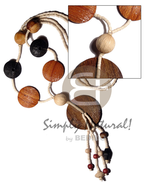 2-3mm bleach white coco heishe w assorted wood beads in textured brush paint  dangling tassled 50mm flat round  textured brush paint / 29in. - Wood Necklace