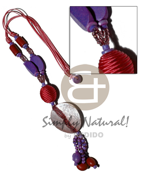tassled 2 layers satin cord  glass and wood beads, 7-8mm coco Pokalet, 2-3mm coco heishe, oval 25mmx20mm wrapped wood beads & 45mm round laminated capiz / red and blue violet tones / 22in. plus 2in tassles - Wood Necklace