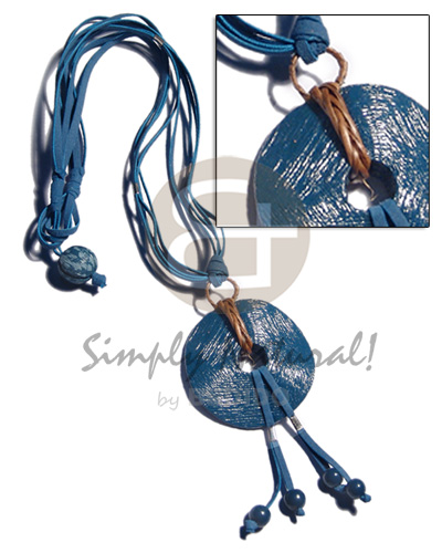 4 rows blue leather thong  wavy textured tassled 55mm wood in donut shape / 18in - Wood Necklace