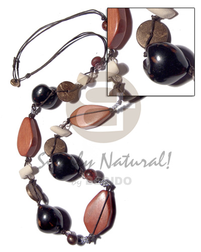 2 layers knotted wax cord  asstd.  wood beads- 40mmx20mm flat freeforem wood,20mm coco Pokalet  kukui nut /32 in. - Wood Necklace