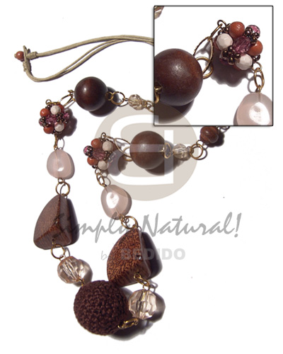 2 layers wax cord  round 20mm wood beads, palmwood chunks, beaded balls,  crystal  accent  metal findings and links / 30in - Wood Necklace