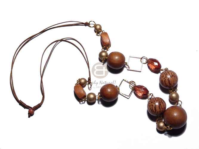 2 layers tassled wax cord  asstd. wood beads combination in orange tones and wrapped tassled round 20mm wood bead / 28in plus 3in tassles - Wood Necklace