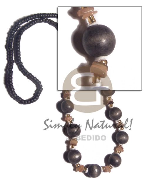 11 pcs. 15mm round wood beads, white clam combination in 4-5mm black coco Pokalet neckline / 28in / barrel lock - Wood Necklace