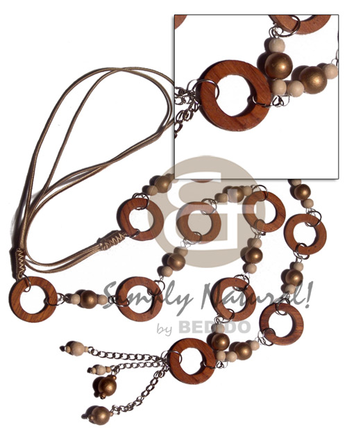 11pcs round 40mm wood ring   wood beads in satin cord  metal chain tassles / adjustable knotted cord / 36in - Wood Necklace