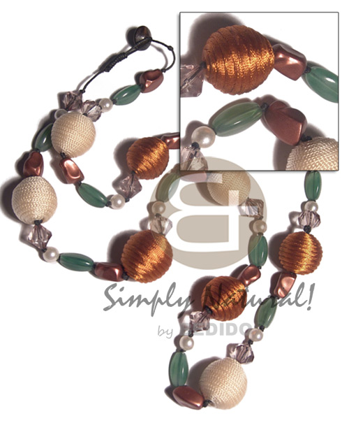 9pcs. wrapped 20mm round wood beads  acrylic crystals and resin nuggets accent in wax cord / knotted cord  wood beads stopper / 34in - Wood Necklace