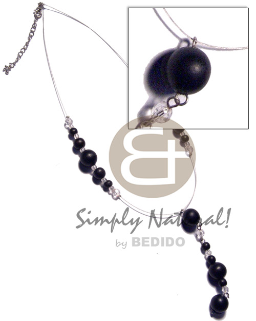 graduated black tassled wood beads 10mm/8mm/6mm on cable wire  acrylic crystals accent /  ext. chain - Wood Necklace