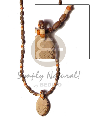oval wood pendant  burning/wood rice beads and rust colored pokalet alt. - Wood Necklace