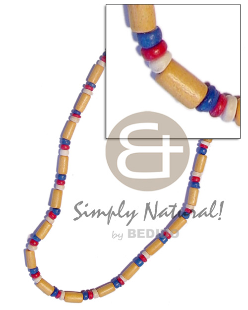 yellow wood tube  4-5 coco Pokalet red/blue/bleach accent - Wood Necklace