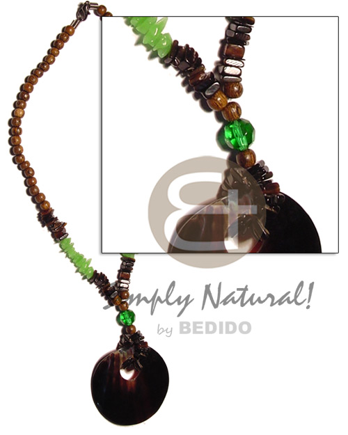 round 40mm black tab pendant  black tab square cut, green resin & wood beads - Wood Necklace