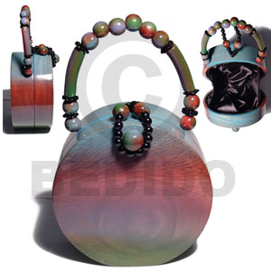 collectible handcarved laminated acacia wood handbag / rainbow laura round 6inx6inx3in / handle ht: 3 1/4 in. /  black satin inner lining - Wooden Acacia Bags