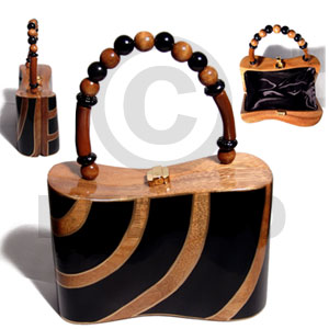 collectible handcarved laminated acacia  wood handbag / beta natural/black/gold combination  7.5inx3.5inx5in / handle ht:4 in. /  black satin inner lining - Wooden Acacia Bags
