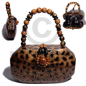 collectible handcarved laminated acacia  wood handbag  / chessa tortoise   natural/black/gold combination  8inx8inx2.8in / handle ht: 4 in. /  black satin inner lining - Wooden Acacia Bags