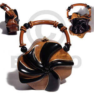 collectible handcarved laminated acacia  wood handbag / niwo natural black gold combination /  6.5inx6.7inx3.5in / handle ht:4 in. /  black satin inner lining - Wooden Acacia Bags