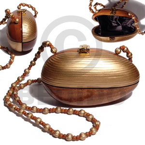 collectible handcarved laminated acacia wood slingbag / egg natural /gold combination  7.7inx4 1/4inx 3  3/4in / handle length: 43 in. /  black satin inner lining - Wooden Acacia Bags