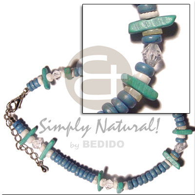 blue 4-5mm coco Pokalet   white clam heishe,green coco stick & acrylic crystals - Wooden Anklets