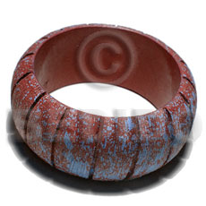 h=37mm thickness=10mm inner diameter=65mm nat. wood bangle  groove in marbled brick red texture brush paint  light blue splashing - Wooden Bangles