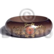 light walnut  dark walnut edges / grained,stained, glazed and matte coated high quality nat. wood bangle  embossed metallic handpainting  / ht= 27mm / 65mm inner diameter / 10mm  thickness / burned edges hand painted using japanese materials in the form of maki-e art a traditional japanese form of hand painting objects - Wooden Bangles