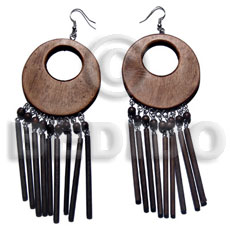 dangling 50mm round nat. black wood  20mm inner hole and dangling 45mm 9pcs. rounded wood sticks/  clear matte coat finish - Wooden Earrings