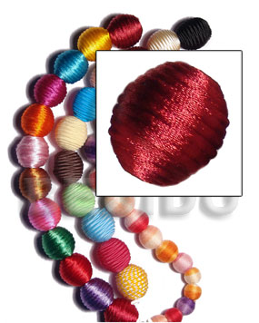 20mm natural white round wood beads wrapped in maroon china cord / price per piece - Wrapped Wood Beads